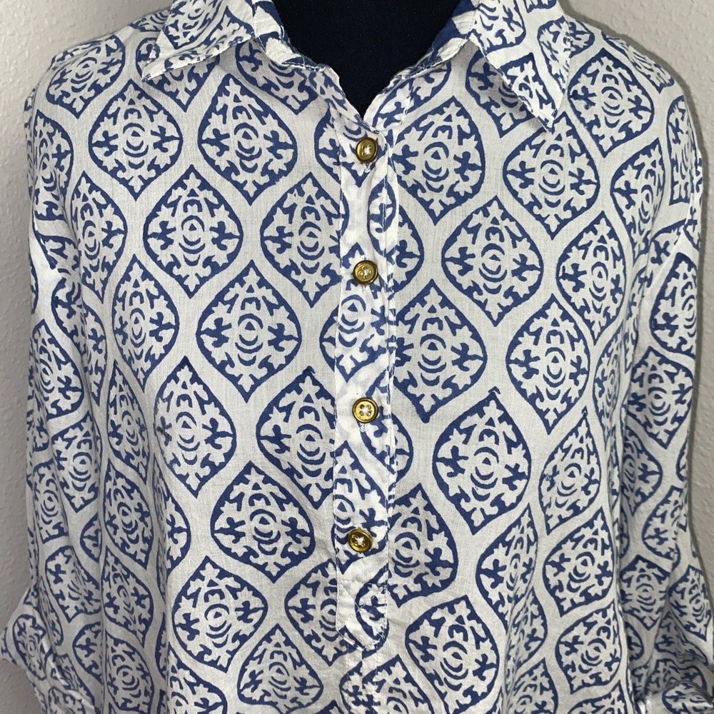 Liza Byrd Tunic Top Women's Small‎ Blue & White Damask Print Beachy Nautical - Picture 2 of 13